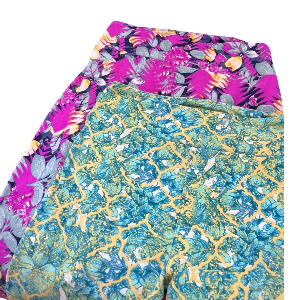 LuLaRoe Leggings Bundle Women One Size Tropical Floral Retro Magenta Teal 2 Pack